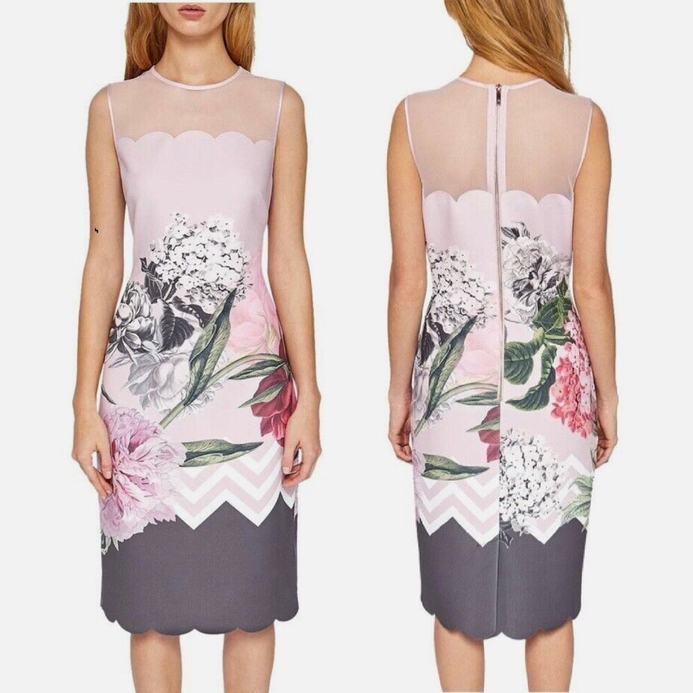 Ted Baker PALACE GARDEN Scallop Detail Sheer Sleeveless Sheath Midi Dress, TD 1